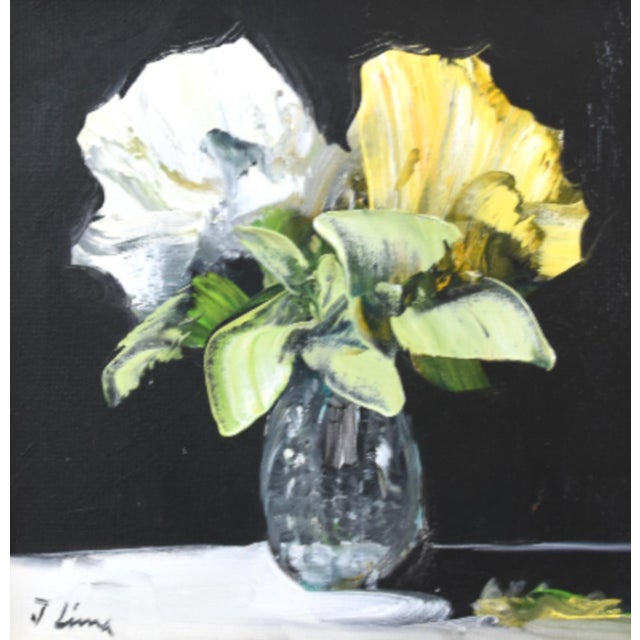 French Country Yellow & White Flowers in Vase Painting Including the Antiqued Gold Wood Frame For Sale - Image 3 of 5