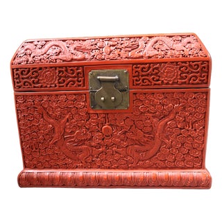 Large Chinese Cinnabar Lacquer Heavily Carved Dragon Motif Wood Box Chest For Sale