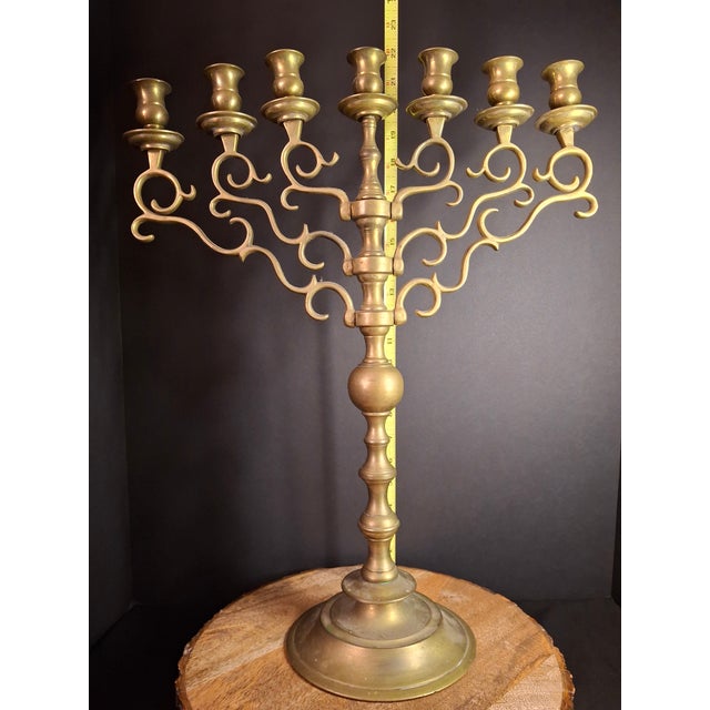 Metal Large Antique 19th C. Eastern European Brass 7-Branch Temple Menorah 21.5" For Sale - Image 7 of 17