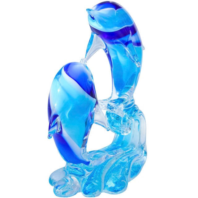 Vintage Blue Murano Dolphins-On-Wave Italian Art Glass Sculpture For Sale In New York - Image 6 of 11