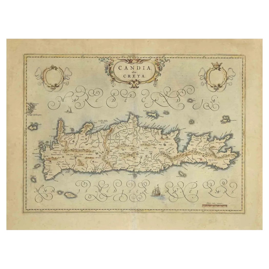 Map of Crete Etching by Johannes Blaeu, 1650s | Chairish
