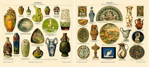 Antique Chromolithographs of Ceramics Through the Ages, 1898, Set of 2