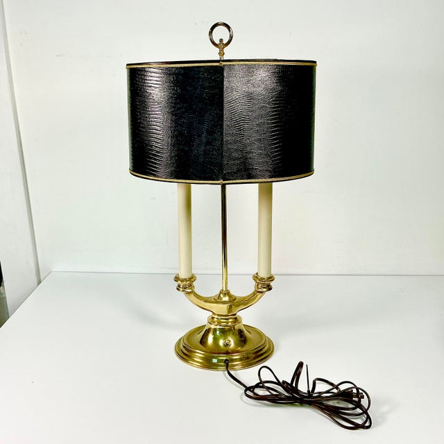 Mid-Century French Regency Neoclassical Bouilette Table Lamp & Reptile Embossed Black Shade For Sale - Image 13 of 15