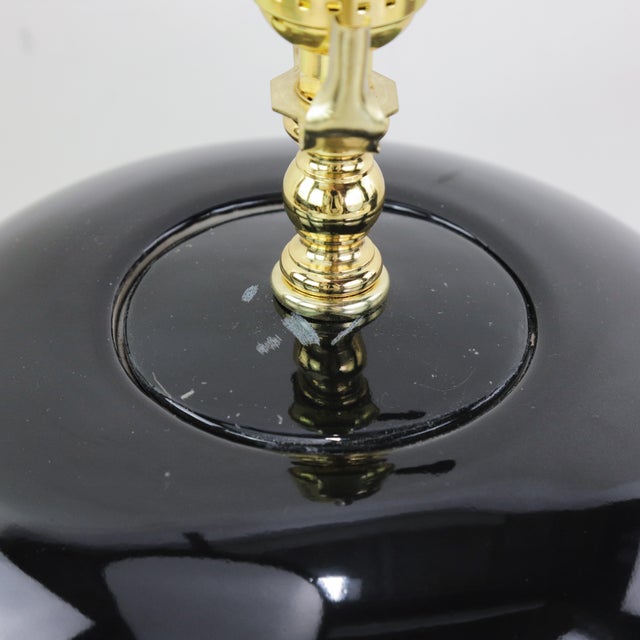 A Pair Early 20th Century Black Monochrome Porcelain Watermelon Jar Table Lamps on Carved Wood Bases For Sale - Image 14 of 15