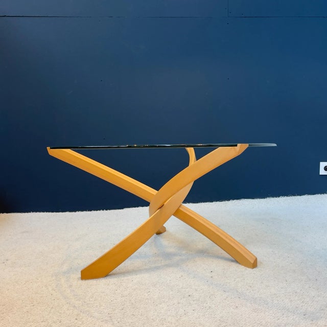 Coffee table beech and glass "home regain" design 1970 Curved beech base Granity glass tray Good condition This piece has...