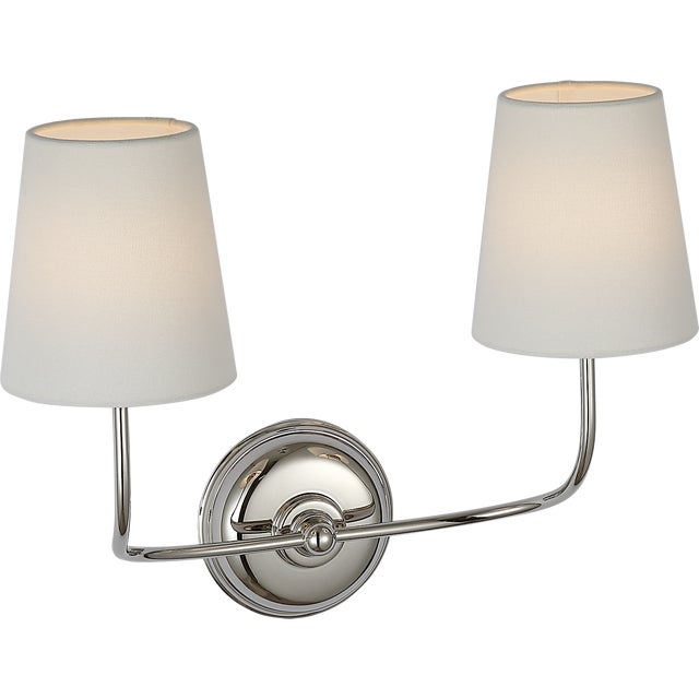 2020s Thomas O'Brien for Visual Comfort Signature Vendome 16" Cordless Double Sconce in Polished Nickel with Linen Shades For Sale - Image 5 of 11