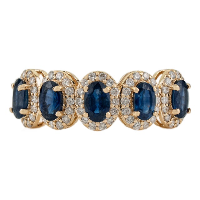 Modern Deep Blue Sapphire & Diamond Halo Half Eternity Ring Size 5 in 14k Gold For Sale