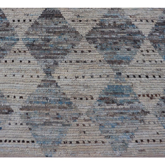 Modern Tribal Runner by Keivan Woven Arts Diamond Design in Cream and Blue 3'1 X 7'10 For Sale In Atlanta - Image 6 of 11