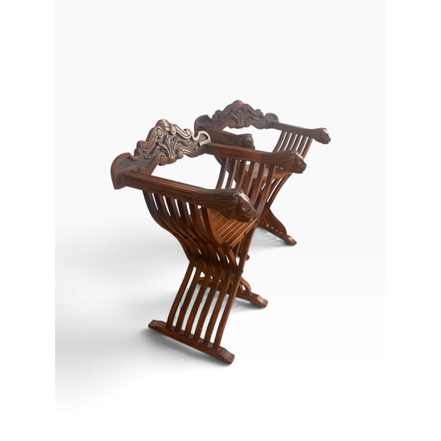 Mid 20th Century Pair of Vintage Renaissance Revival Savonarola Chairs With Carved Lion Heads For Sale - Image 5 of 14