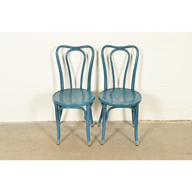 Victorian Jacob & Josef Kohn Antique Austrian Teal Lacquered Bentwood Bistro Chairs or Dining Chairs, Pair For Sale - Image 3 of 16