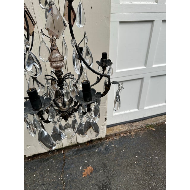 Glass Vintage Six Arm Metal and Crystal French Provincial Chandelier For Sale - Image 7 of 8