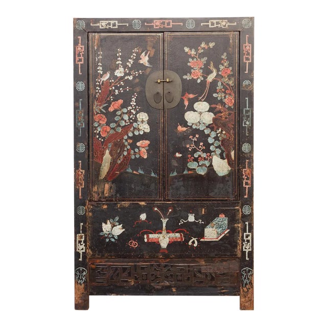 Antique Black & Floral Chinoiserie Armoire For Sale