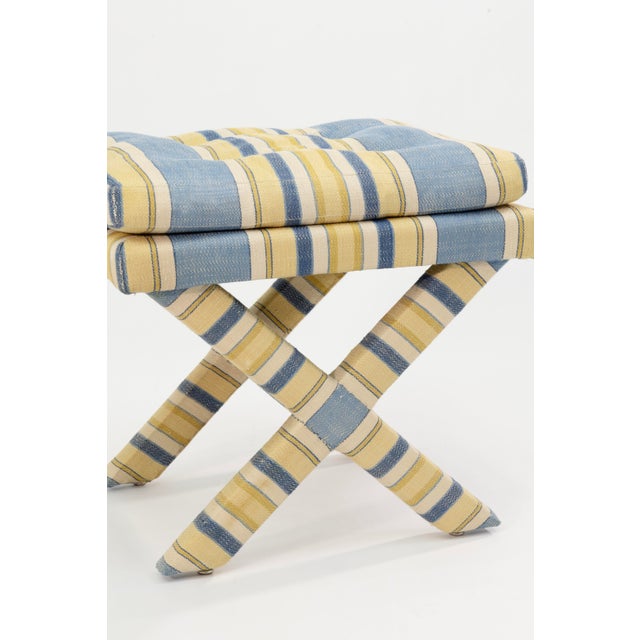 Mid 20th Century Pair of Striped Billy Baldwin Style Cross Leg Ottomans For Sale - Image 5 of 8