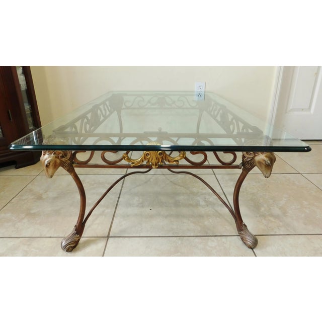 Vintage Neoclassical Wrought Iron Sculptural Ram's Head Thick Glass Top Coffee Table For Sale - Image 9 of 13
