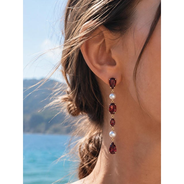 Not Yet Made - Made To Order Garnet & Pearl Drop Multi-Shape Earrings, Silver, Gold, Pair For Sale - Image 5 of 10