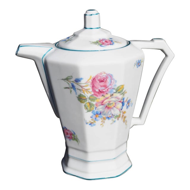 1930s French Limoges Art Deco and Pastoral Style Floral and Angular Coffee Pot For Sale