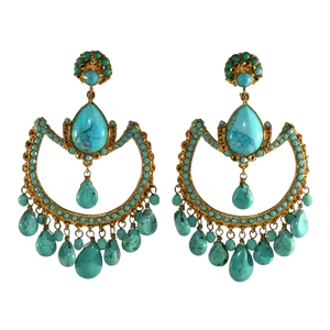 Barrera Large Earrings Faux Turquoise Rhinestones Dangles Hoops - 2 Pieces