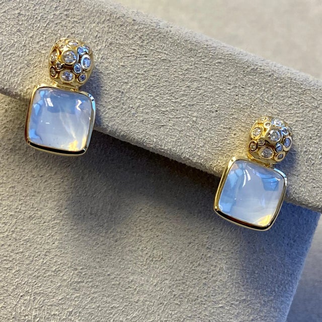 Contemporary Syna Yellow Gold Earrings with Moon Quartz and Diamonds, a Pair For Sale - Image 3 of 4