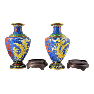 Mid 20th Century Chinese Cloisonné Phoenix & Dragon Vases with Stands- 4 Pieces