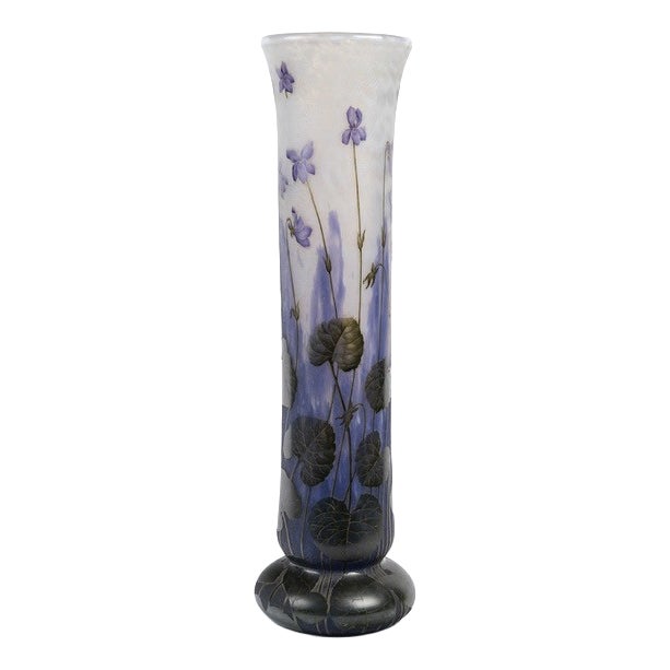 Large Roll Vase Violets by Jean Daum for Daum, 1905 For Sale
