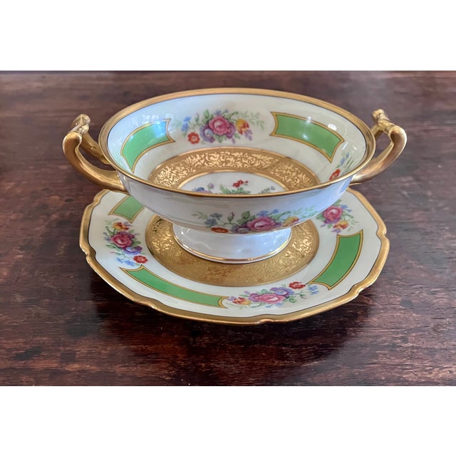 Rare, complete service for 12 of antique French porcelain cream soup bowls and matching underplates (24 pieces total)....