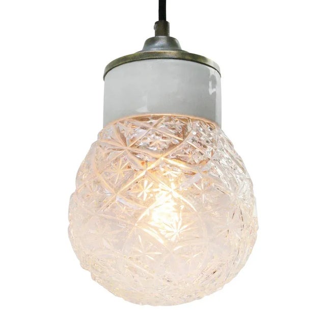 Mid-Century Modern Vintage Industrial White Porcelain, Clear Glass & Brass Pendant Light For Sale - Image 3 of 7