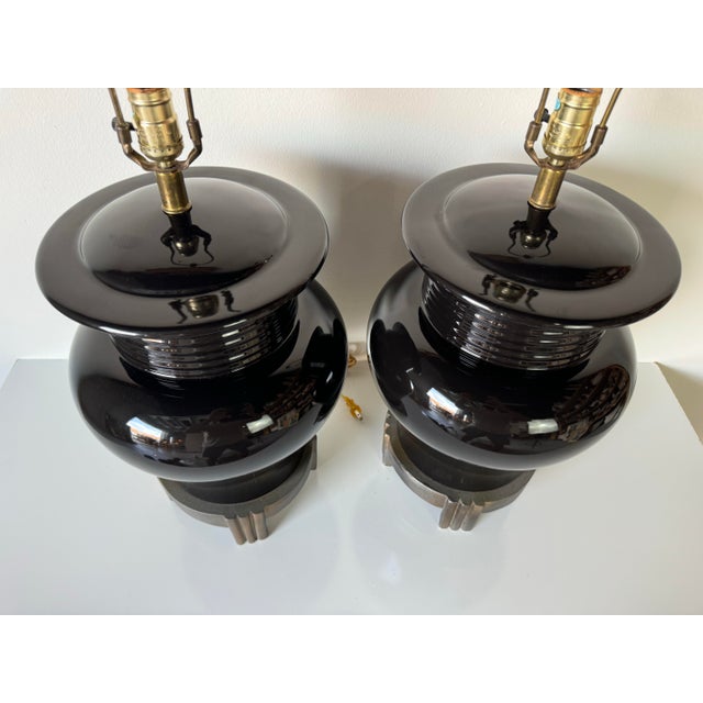 Ceramic 1980's Vintage Art Deco - Asian Style Black Glaze Ceramic Table Lamps - A PairLD For Sale - Image 7 of 12
