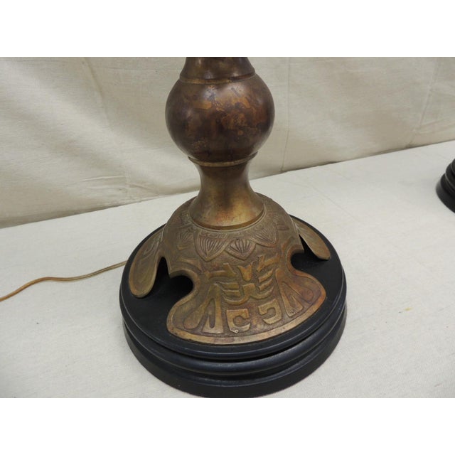 James Mont Large Brass With Bronze Finish Table Lamps on Wood Base - A Pair For Sale - Image 4 of 7
