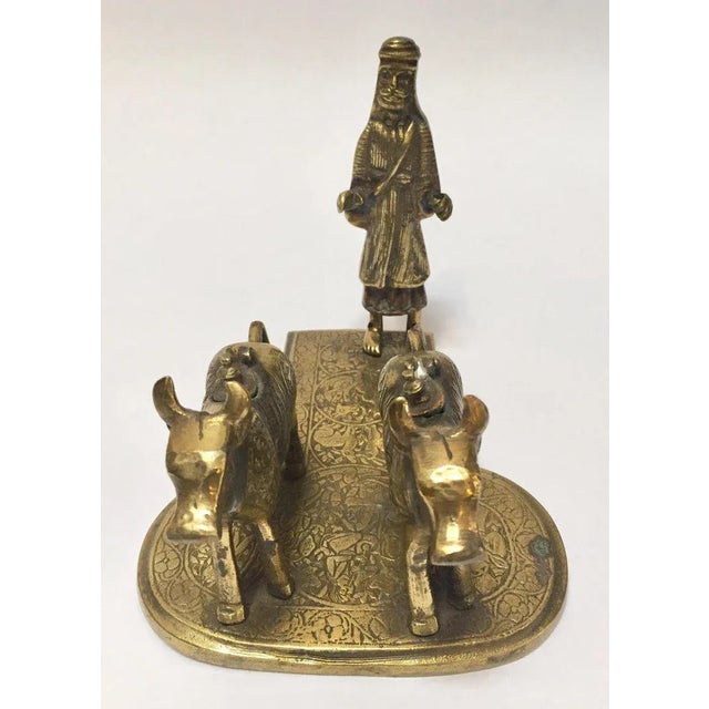 Brass Hindu Temple Oil Lamps Figures a Two Cows and Holly Man Standing For Sale In Palm Springs - Image 6 of 13