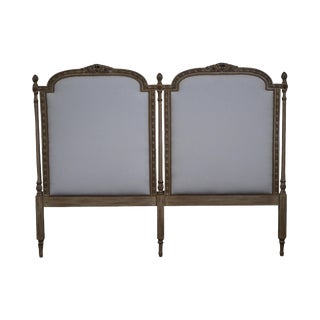 French Louis XVI Style Double Upholstered Panel Painted King Size Headboard For Sale