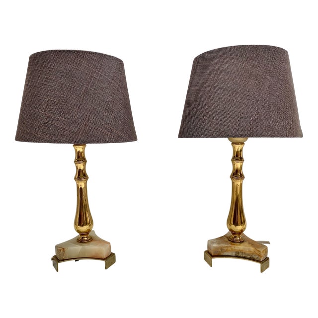 Vintage Onyx Brass and Gilt Table Lamps, 1970s, Set of 2 For Sale