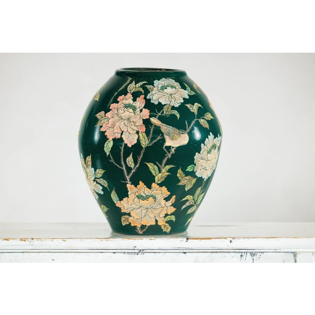 Green Green Ceramic Vase with Birds, Butterflies, and Floral Decoration For Sale - Image 8 of 12
