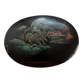 Vintage Asian Oval Black Lacquered Trinket Box For Sale