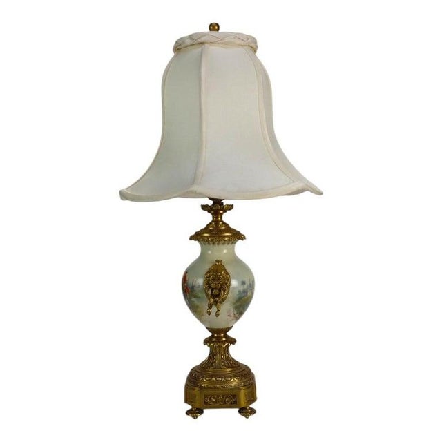 French Sevres Scenic Painted & Artist Signed Porcelain Lamp, Lion Head Handles For Sale - Image 11 of 14