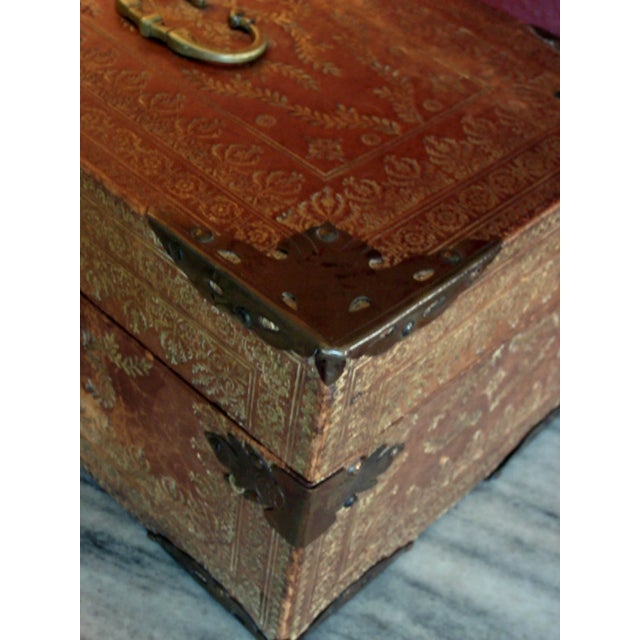 Metal 1800s Spanish Leather Box For Sale - Image 7 of 13