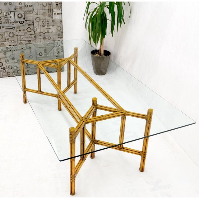 Mid 20th Century Large Bamboo & Leather Frame 3/4" Thick Glass Top Dining Conference Table For Sale - Image 12 of 18