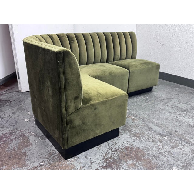 Williams-Sonoma Garbo Olive Green Velvet Curved Banquet, Set of Two For Sale - Image 4 of 12