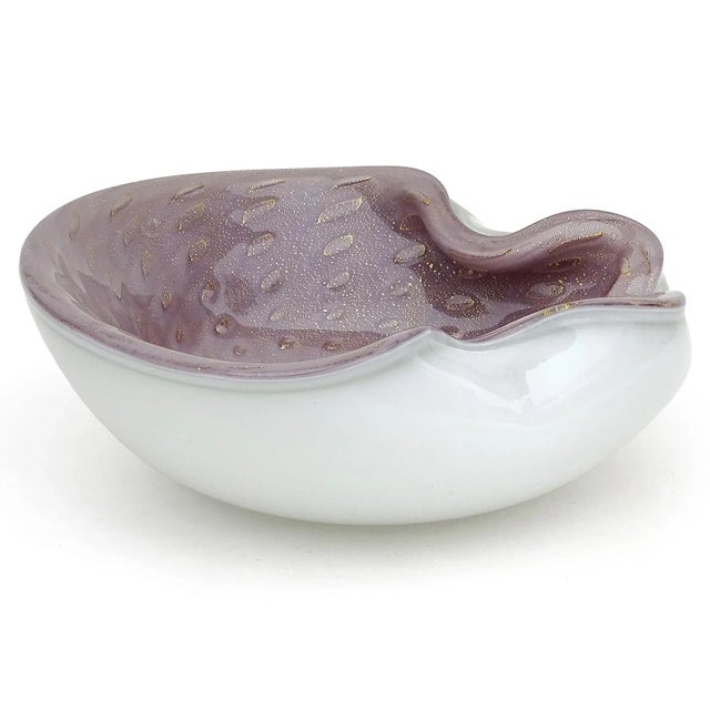 Beautiful Murano hand blown white over purple, controlled bubbles, and gold flecks Italian art glass decorative bowl /...