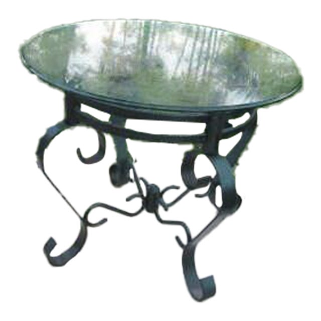 Vintage Salterini Style Round End Table Green Metal Glass Top For Sale