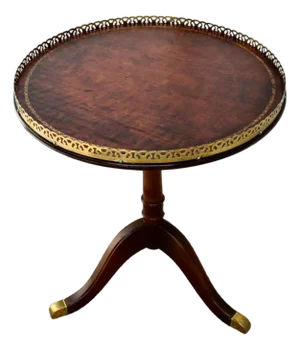 Vintage Ferguson Petite Leather Top Mahogany Table W/Brass Gallery/Tri-Pod Base