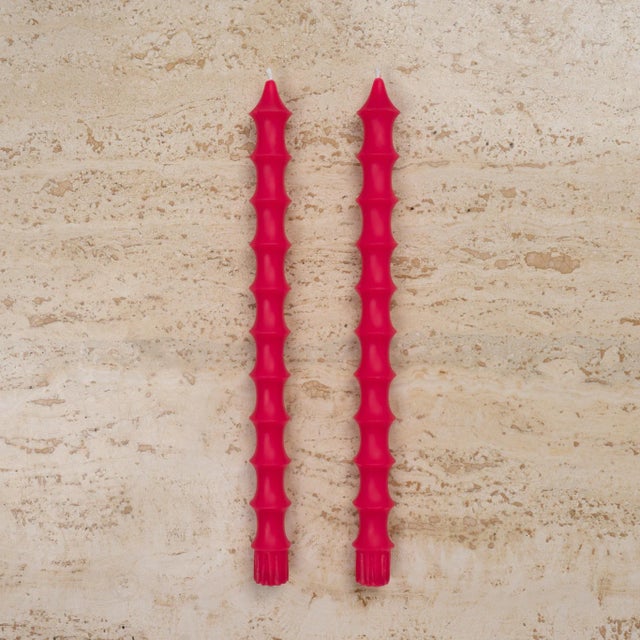 Chinoiserie Bamboo Taper Candles in Dragonfruit Pink - a Pair For Sale - Image 3 of 4
