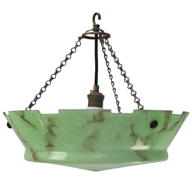 Green Art Deco Pendant Lamp in Brass and Green Glass, France, 1920s For Sale - Image 8 of 8