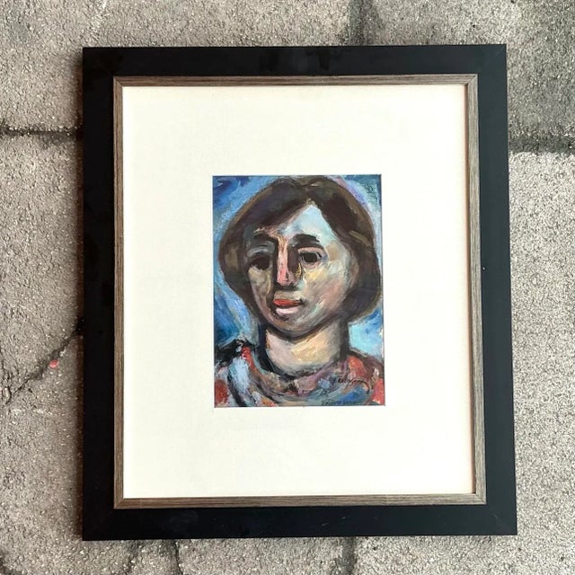 Vintage Boho Original Oil Portrait Painting on Paper For Sale - Image 4 of 5