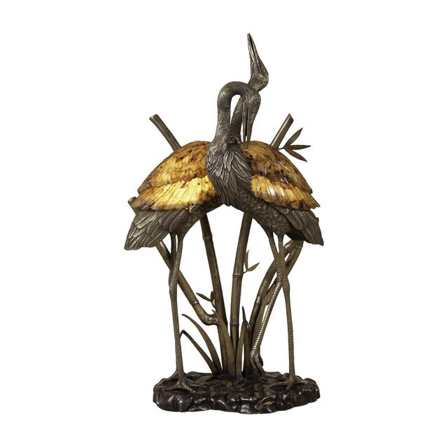 Antique Brass and Dark Bronze Highlighted Brass Cranes Lamp with Young Tiger Penshell Inlaid Shades