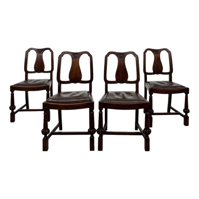 Early 20th Century Antique English Edwardian Oak Dining Chairs, Set of 4 For Sale