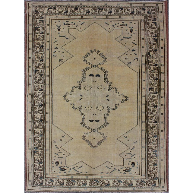 Tan Vintage Oushak Rug With Soft Beige, Warm Taupe, and Deep Navy Blue Accents For Sale - Image 8 of 8