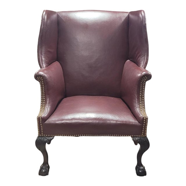 Antique Chippendale Leather Wing Chair For Sale