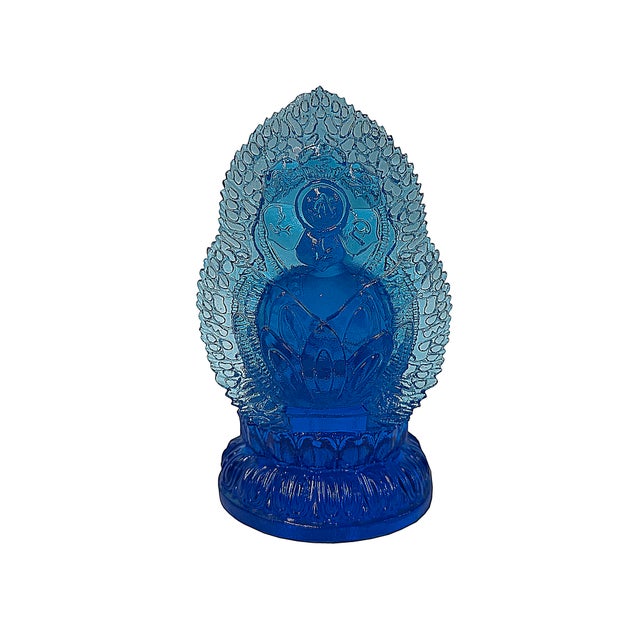 Blue Crystal Glass Sitting Buddha Lotus Base Mandorla Halo Back Statue For Sale - Image 4 of 10