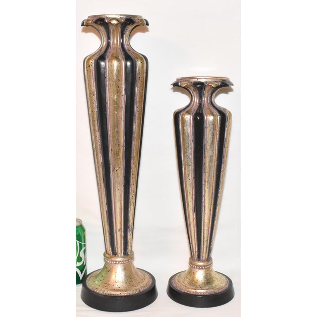 A Nice Vintage Pair of Tall Black & Gold Pillar Candlesticks Featuring a Speckled Design. The candle plate is gold with...