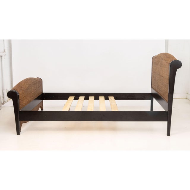 Rattan and Ebonized Wood Queen Sleigh Bed Frame For Sale - Image 9 of 11